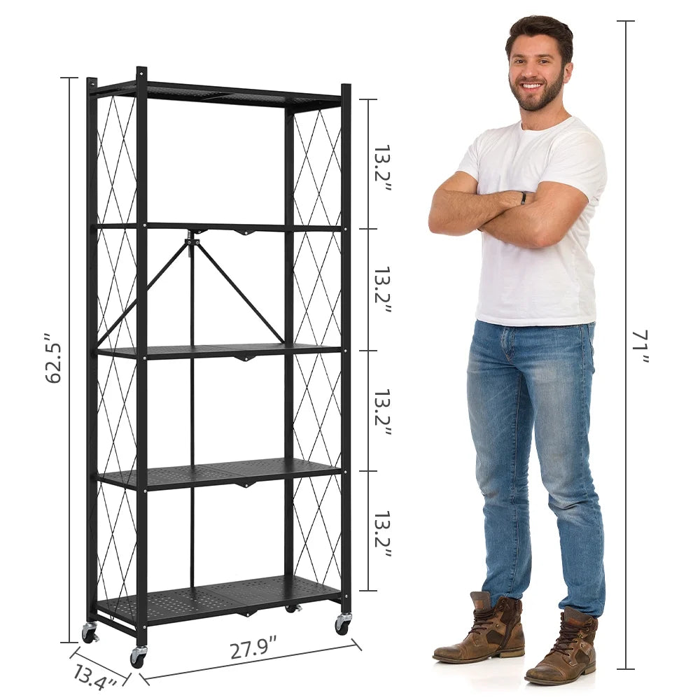 COOKCOK 5-Tier Storage Shelving Unit, Metal Shelf 27.9"x13.4"x62.5, Foldable Storage Shelf with Wheels, Garage Shelf, Metal Storage Rack, Kitchen Shelf with 4 Hooks, No Assemble Require