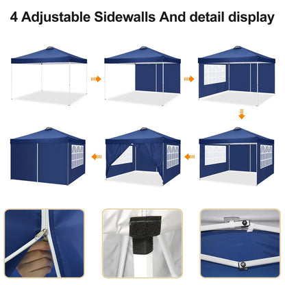 HOTEEL Canopy 10x10 Waterproof Pop up Canopy Tent with 4 Sidewalls Outdoor Event Shelter Tent for Parties Sun Shade Party Commercial Canopy with Air Vent & Carry Bag, Dark Blue