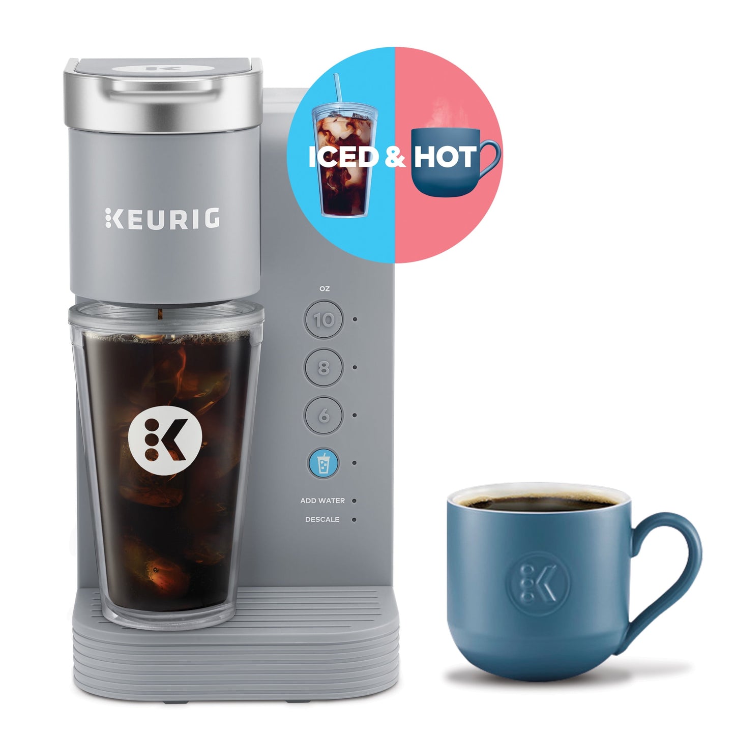 Keurig K-Iced Essentials, Gray Iced and Hot Single-Serve K-Cup Pod Coffee Maker, reusable tumbler included