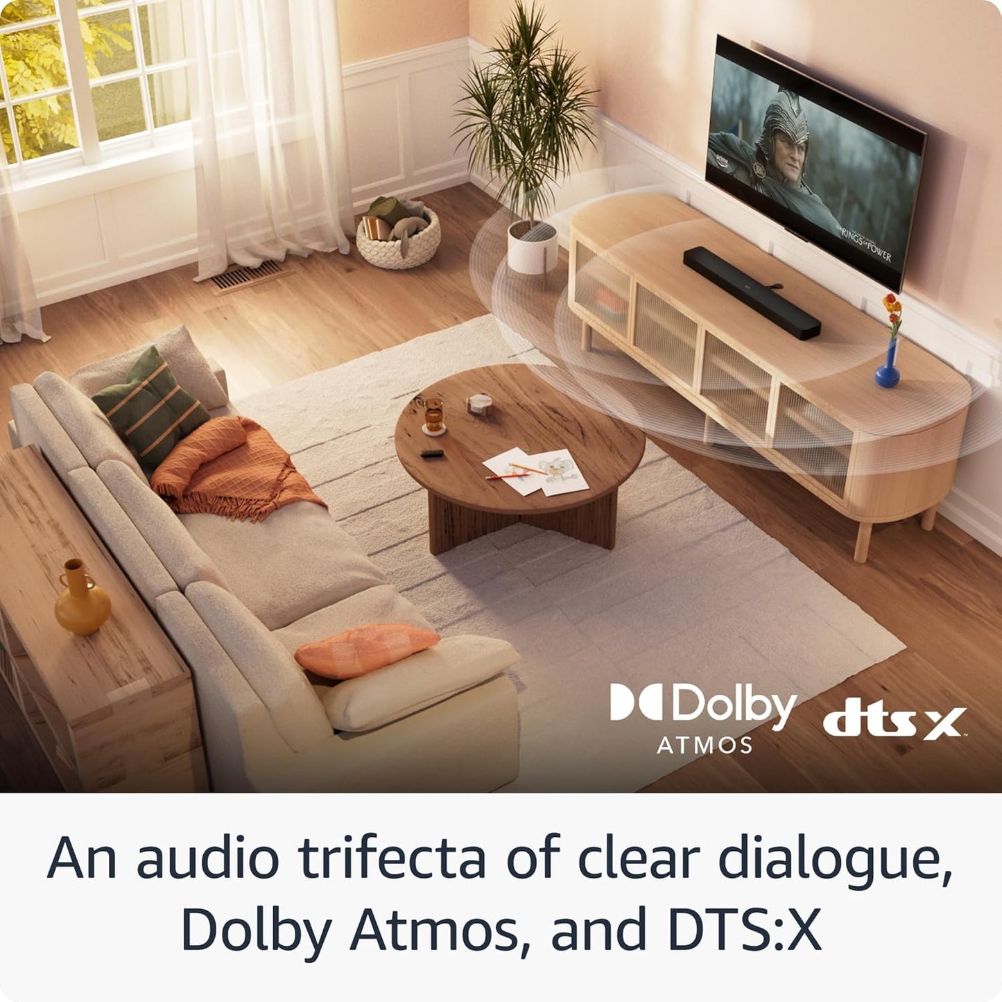 Introducing Amazon Fire TV Soundbar Plus with subwoofer and surround sound speakers, 5.1 channel, Dolby Atmos, DTS:X, clear dialogue, 2024 release