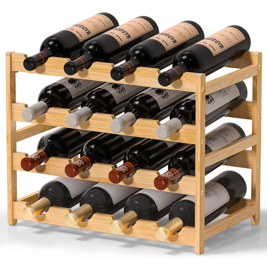 Bambloom Wine Rack,Bamboo Freestanding Floor Wine Bottle Holder,4-Tier Wine Storage Racks,Natural