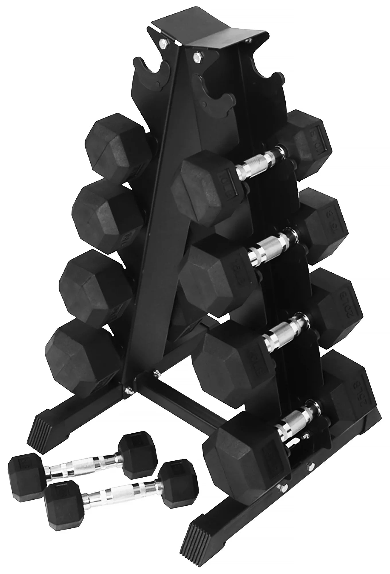 BalanceFrom 150LB Rubber Coated Hex Dumbbell Weight Set with A-Frame Rack, 5-25 lbs Pairs