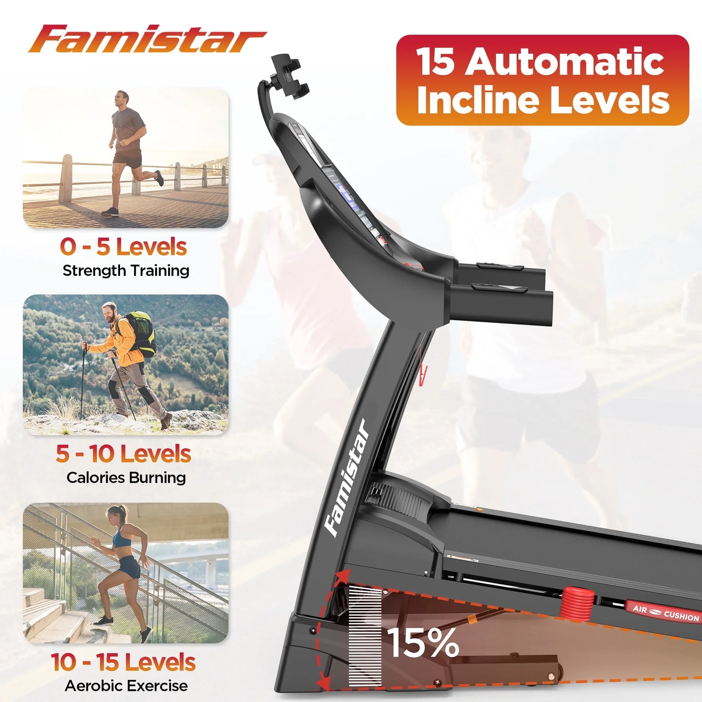 Famistar 4.5HP Folding Treadmill w/ APP control Portable Foldable, 15 Levels Auto Incline Treadmill for Home Office, 300lbs Capacity, Adjustable iPad Holder, Max 10MPH Speed, Knee Strap Gift