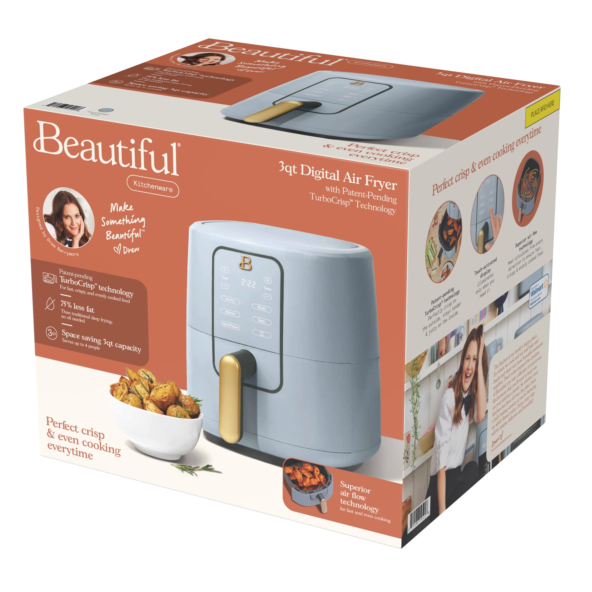 Beautiful 3 Qt Air Fryer with TurboCrisp Technology, Cornflower Blue by Drew Barrymore