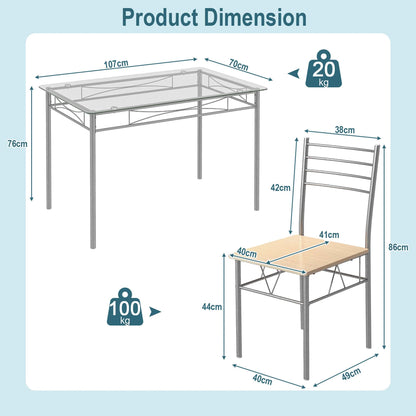 Costway 5 Piece Dining Set Table and 4 Chairs Glass Top Kitchen Breakfast Furniture Brown