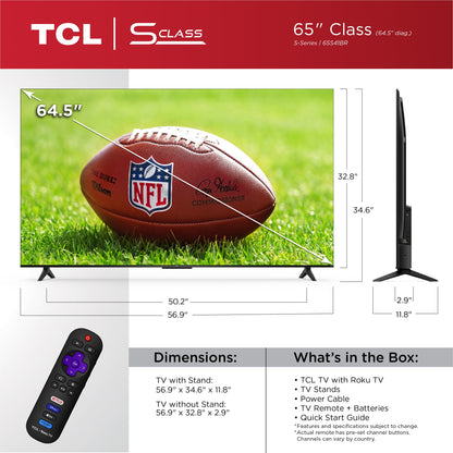 TCL 65” Class S4 (65S41BR) 4K UHD HDR LED Smart TV with Roku TV (NEW 2024)