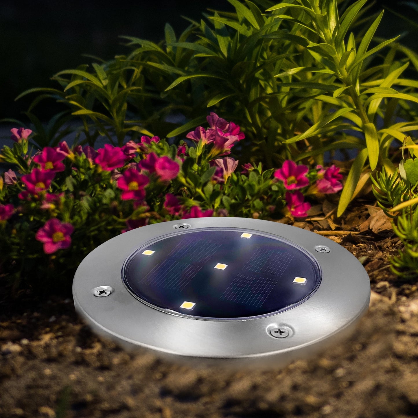 Mainstays Solar Powered Stainless Steel LED Landscape Disc Lights, 12 Lumens (4 Count)