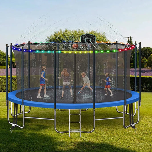 16FT Trampoline for 8-9 Kids Adults with Basketball Hoop, Enclosure, Light, Sprinkler, Socks, 2000LBS Outdoor Round Heavy Duty Recreational Backyard Trampoline