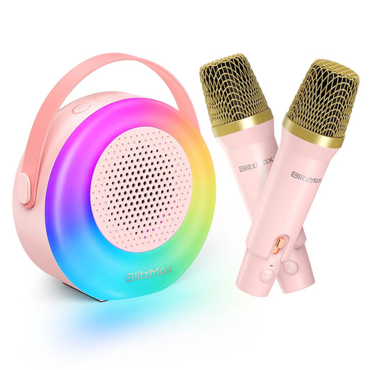 Karaoke Machine with 2 Wireless Mic, Mini Portable Bluetooth Karaoke Singing Speaker for Kids Adults