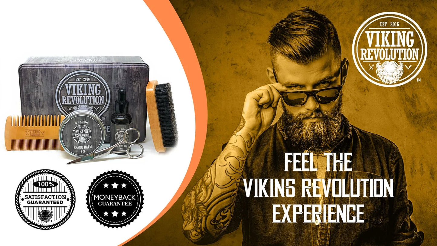 Viking Revolution Beard Care Kit for Men - Beard Brush, Wooden Comb, Beard Balm, Beard Oil, Beard & Mustache Scissors