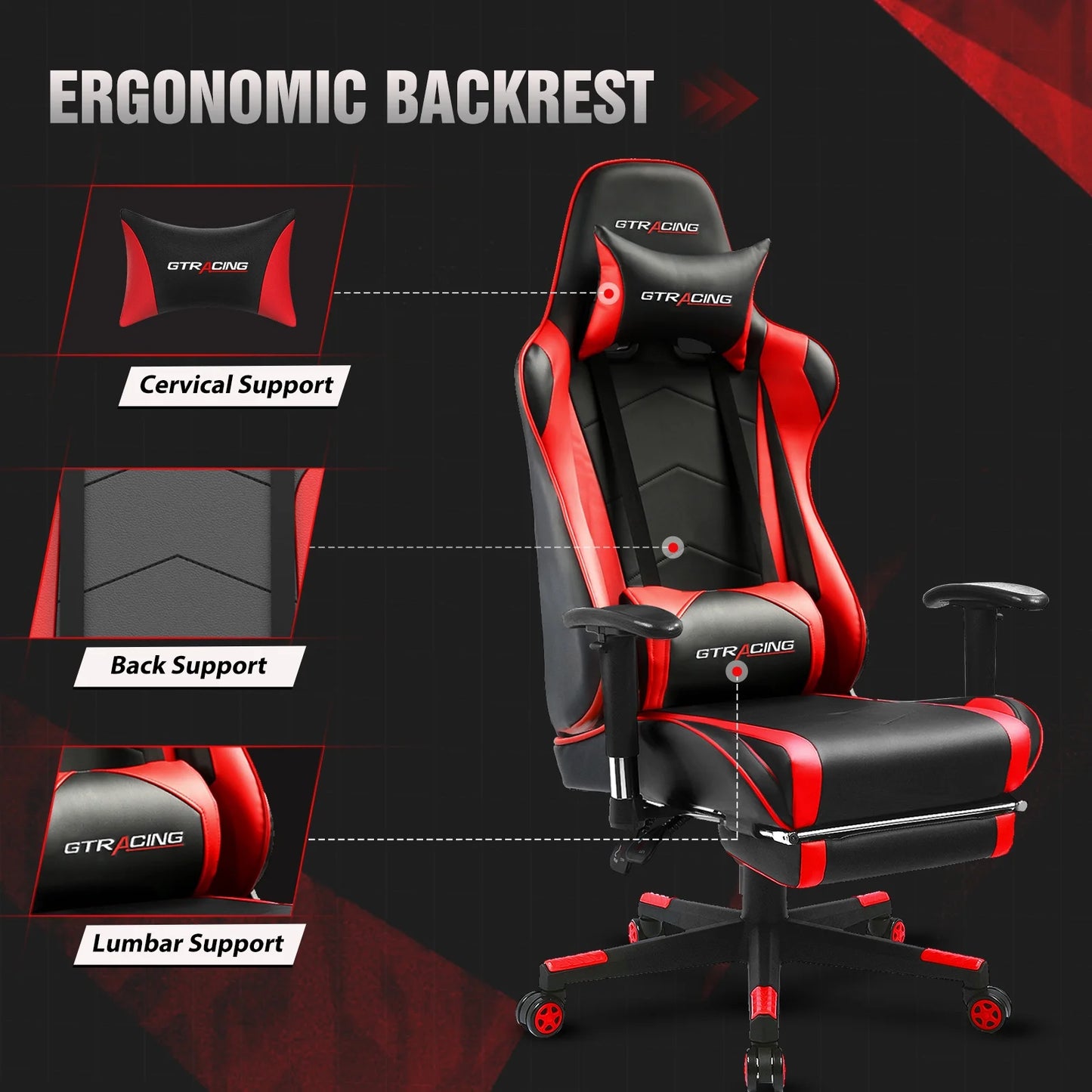 GTRACING Gaming Chair Office Chair PU Leather with Footrest & Adjustable Headrest for Adults and Kids, Red