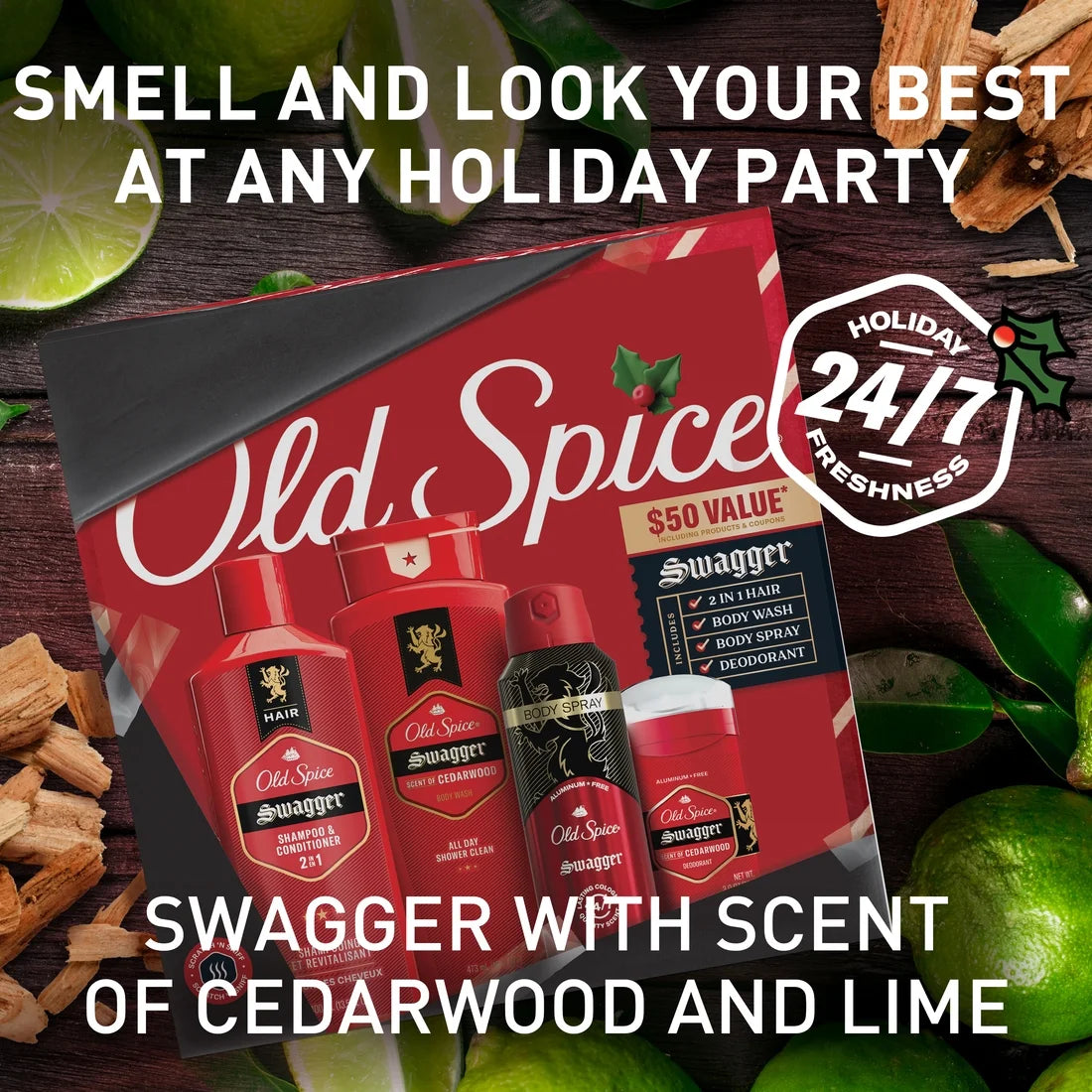 Old Spice Holiday Gift Pack for Men, Swagger Scent, Body Wash, Aluminum Free Deodorant, Body Spray, and 2 in 1 Shampoo, 24/7 Holiday Freshness, 4-Pack