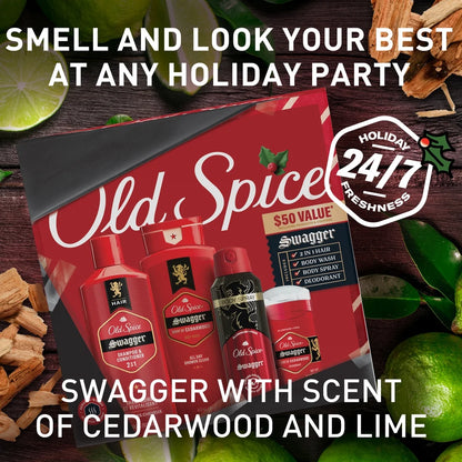 Old Spice Holiday Gift Pack for Men, Swagger Scent, Body Wash, Aluminum Free Deodorant, Body Spray, and 2 in 1 Shampoo, 24/7 Holiday Freshness, 4-Pack