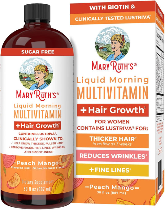 MaryRuth Organics Liquid Multivitamin Lustriva® Hair Growth | Biotin 10000mcg | Vitamin D | B Vitamins | Clinically Tested for Thicker Hair, Wrinkles, Fine Lines, Skin Care | Ages 18 | 30 Fl Oz