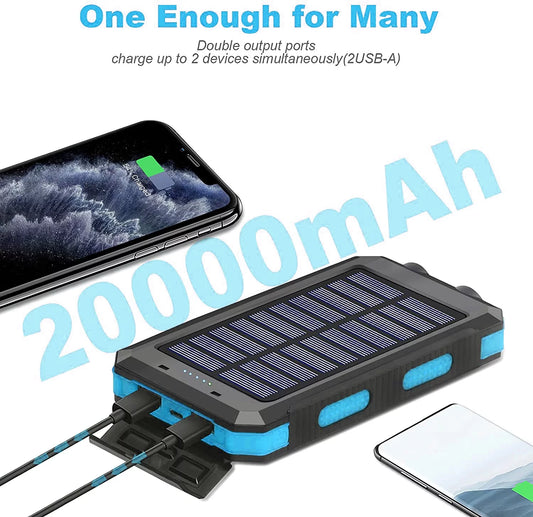 SOLPOWBEN 20000mAh Solar Charger for Cell Phone iPhone, Portable Solar Power Bank with Dual 5V USB Ports, 2 LED Light Flashlight, Compass Battery Pack for Outdoor Camping Hiking (Blue)