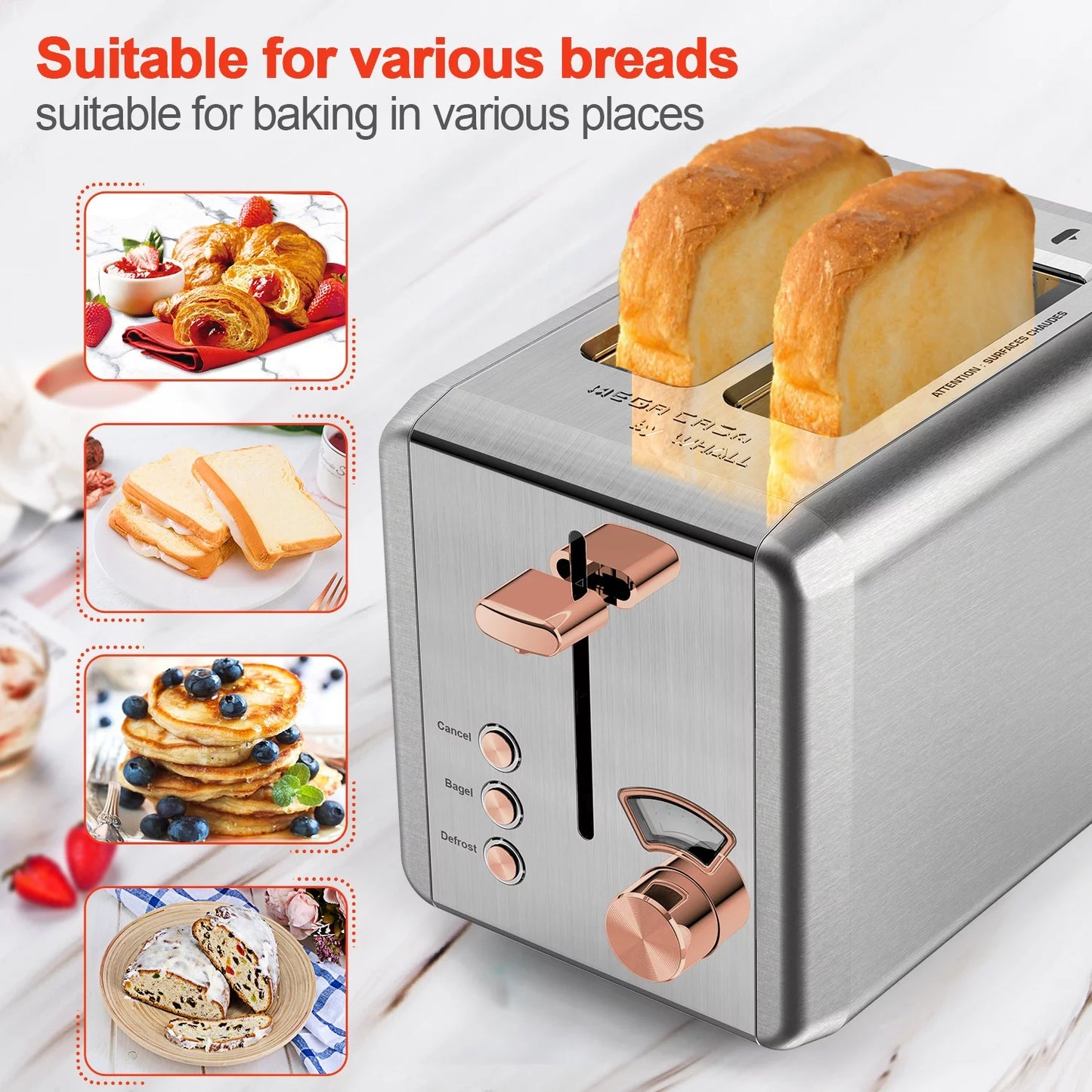 WHALL 2 Slice Toaster - Stainless Steel Toaster with Wide Slot, 6 Shade Settings, Bagel Function, Removable Crumb Tray