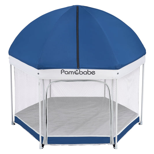 Pamo Babe Unisex Premium Indoor and Outdoor Baby Playpen - Portable, Lightweight, Toddler Play Yard w/Canopy and Travel Bag - Blue