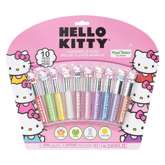 Hello Kitty 10 Pcs Plant Based Lip Gloss Makeup Set, Perfect Birthday Gifts for Girls Ages 3+