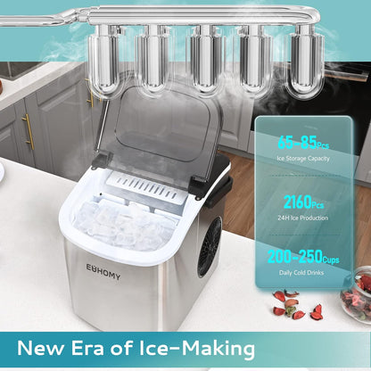 EUHOMY Countertop Ice Maker Machine with Handle, 26lbs Per Day, 9 Ice Cubes Ready in 6 Mins, Auto-Cleaning Portable Ice Maker with Basket and Scoop, for Home/Kitchen/Camping/RV (Silver)