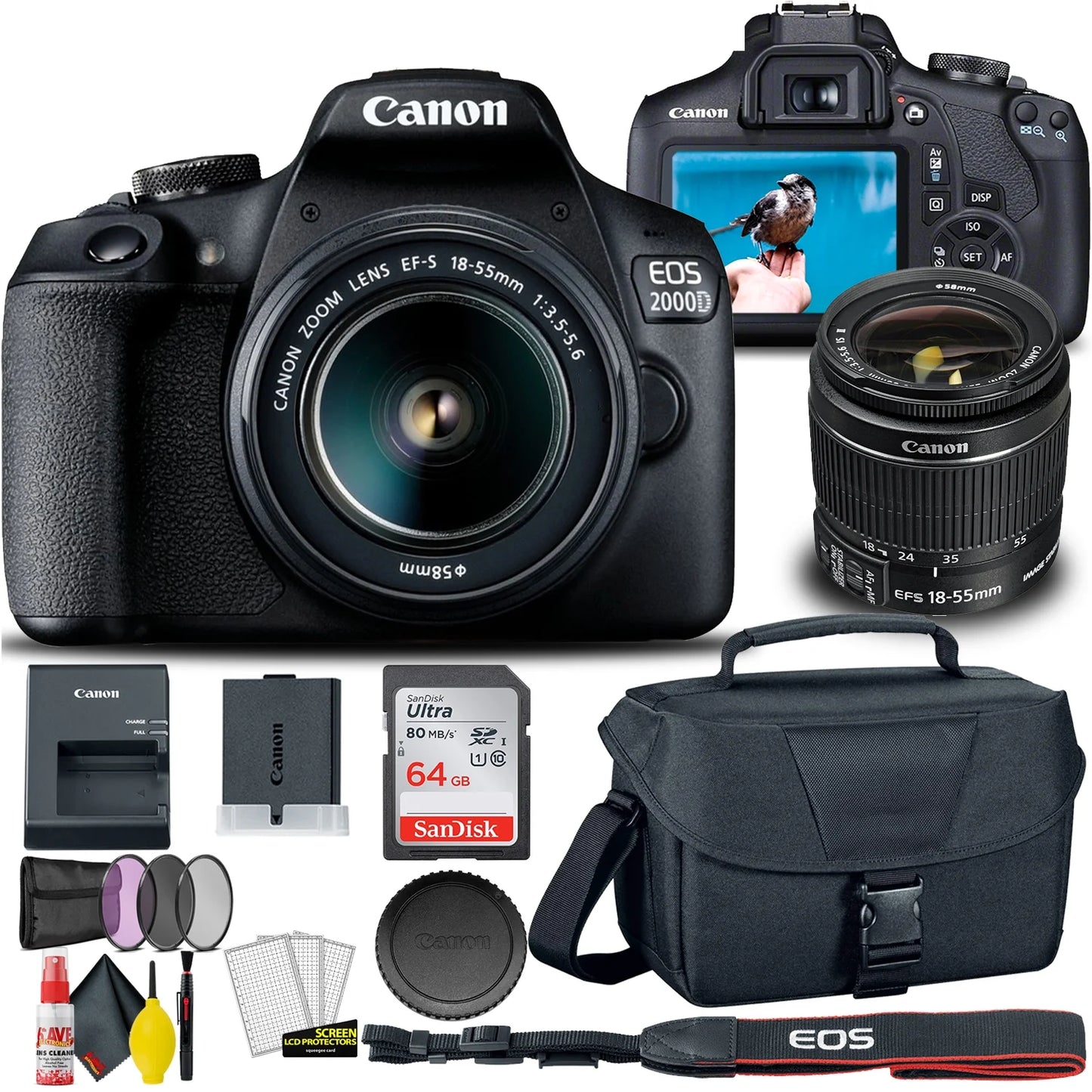 Canon EOS 2000D / Rebel T7 DSLR Camera Bundle with 18-55mm Lens, Filter, Bag, and SDXC Card