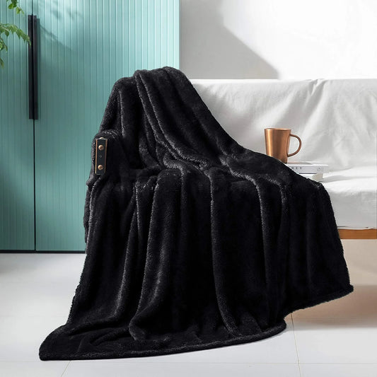 Exclusivo Mezcla Plush Fuzzy Large Fleece Throw Blanket ( 50" x 70", Black)- Soft, Warm& Lightweight