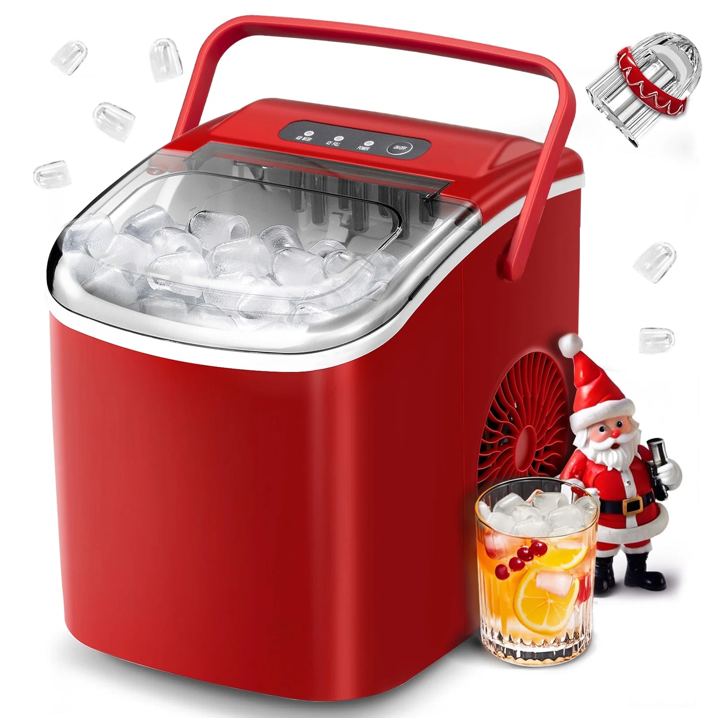 KISSAIR Countertop Ice Maker, Portable Ice Machine with Self-Cleaning, 26Lbs/24H, 9 Ice Cubes Ready in 6 Mins, for Home/Kitchen/Bar, Red