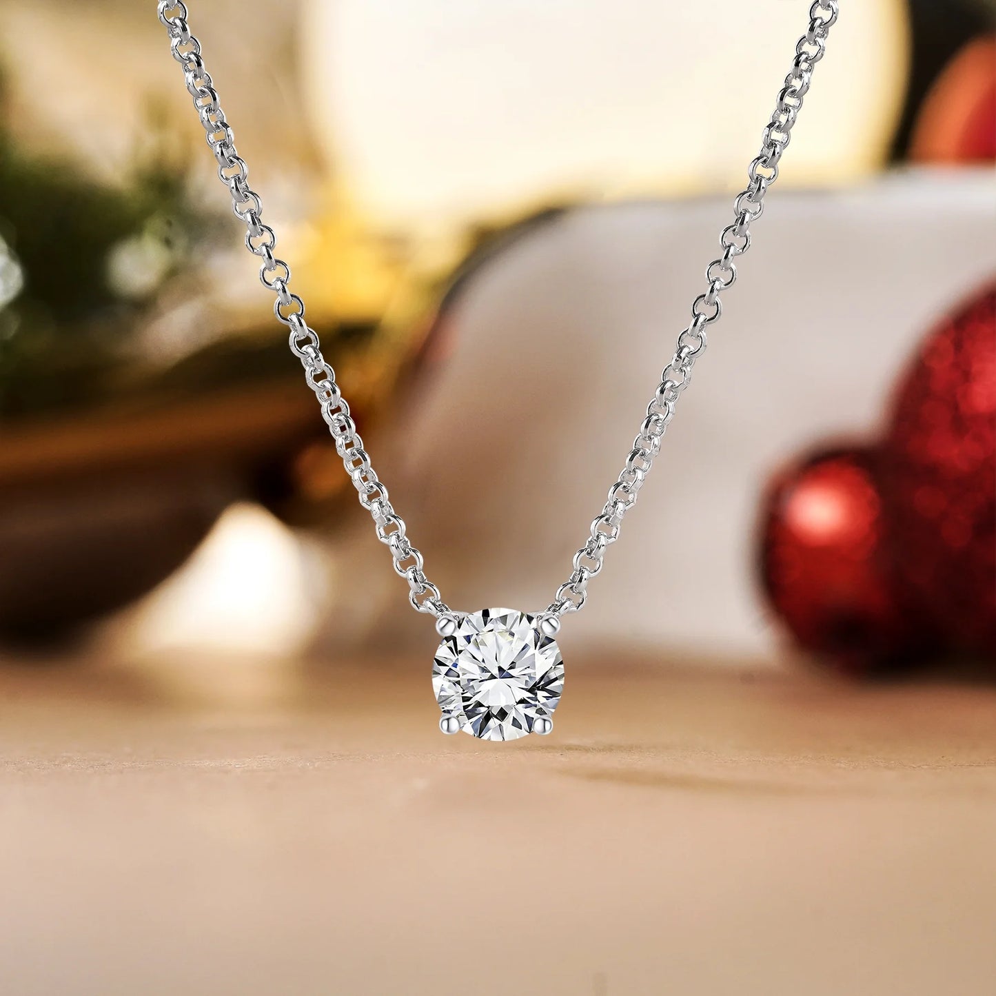 JeenMata Beautiful 1 Carat Round Cut - Moissanite - April Birthstone Solitaire Pendant Necklace in 18K White Gold over Silver, Female, Adult