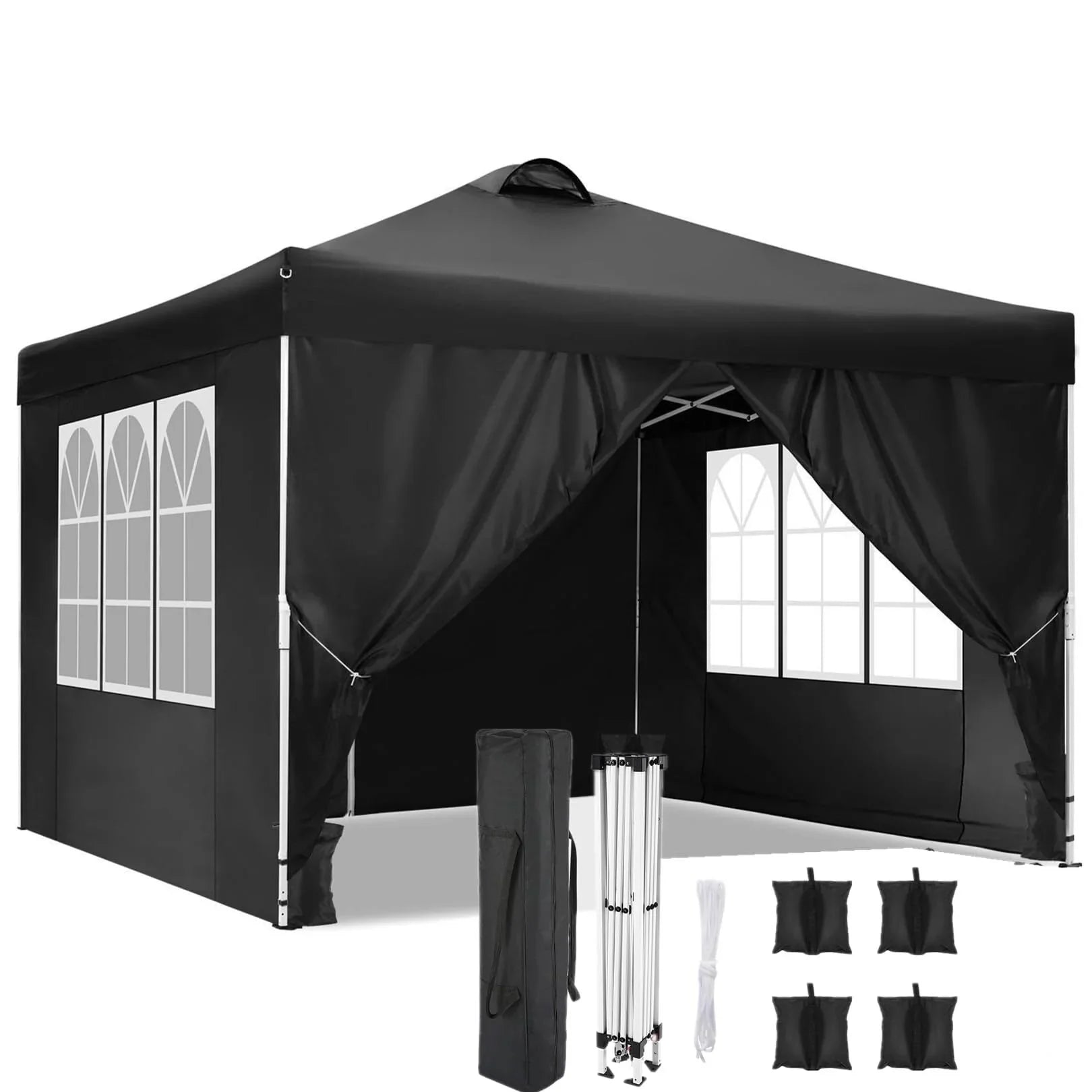 HOTEEL Canopy 10x10 Waterproof Pop up Canopy Tent with 4 Sidewalls Outdoor Event Shelter Tent for Parties Sun Shade Party Commercial Canopy with Air Vent & Carry Bag, Black