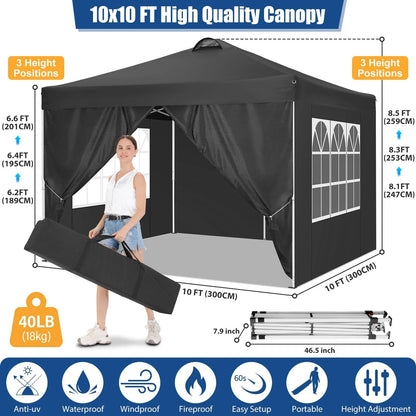 HOTEEL Canopy 10x10 Waterproof Pop up Canopy Tent with 4 Sidewalls Outdoor Event Shelter Tent for Parties Sun Shade Party Commercial Canopy with Air Vent & Carry Bag, Black