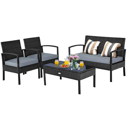 Costway 4PCS Outdoor Patio Rattan Furniture Set Cushioned Sofa Coffee Table Garden Deck