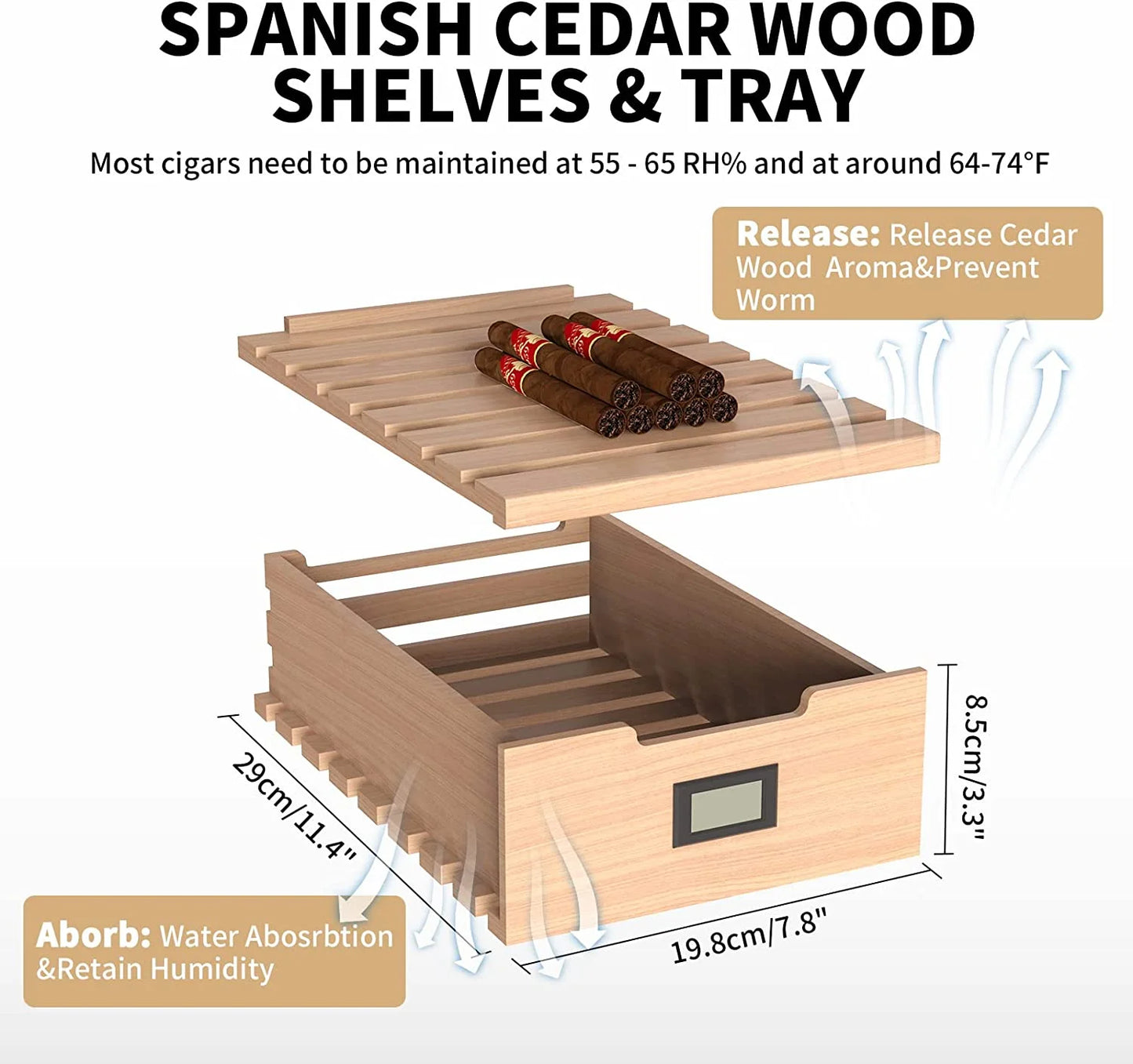 NEEDONE 23L Electric Cigar Humidor for 150 Counts, Cooling Control System,With Spanish Cedar Wood Shelves,New Year,Christmas Gifts