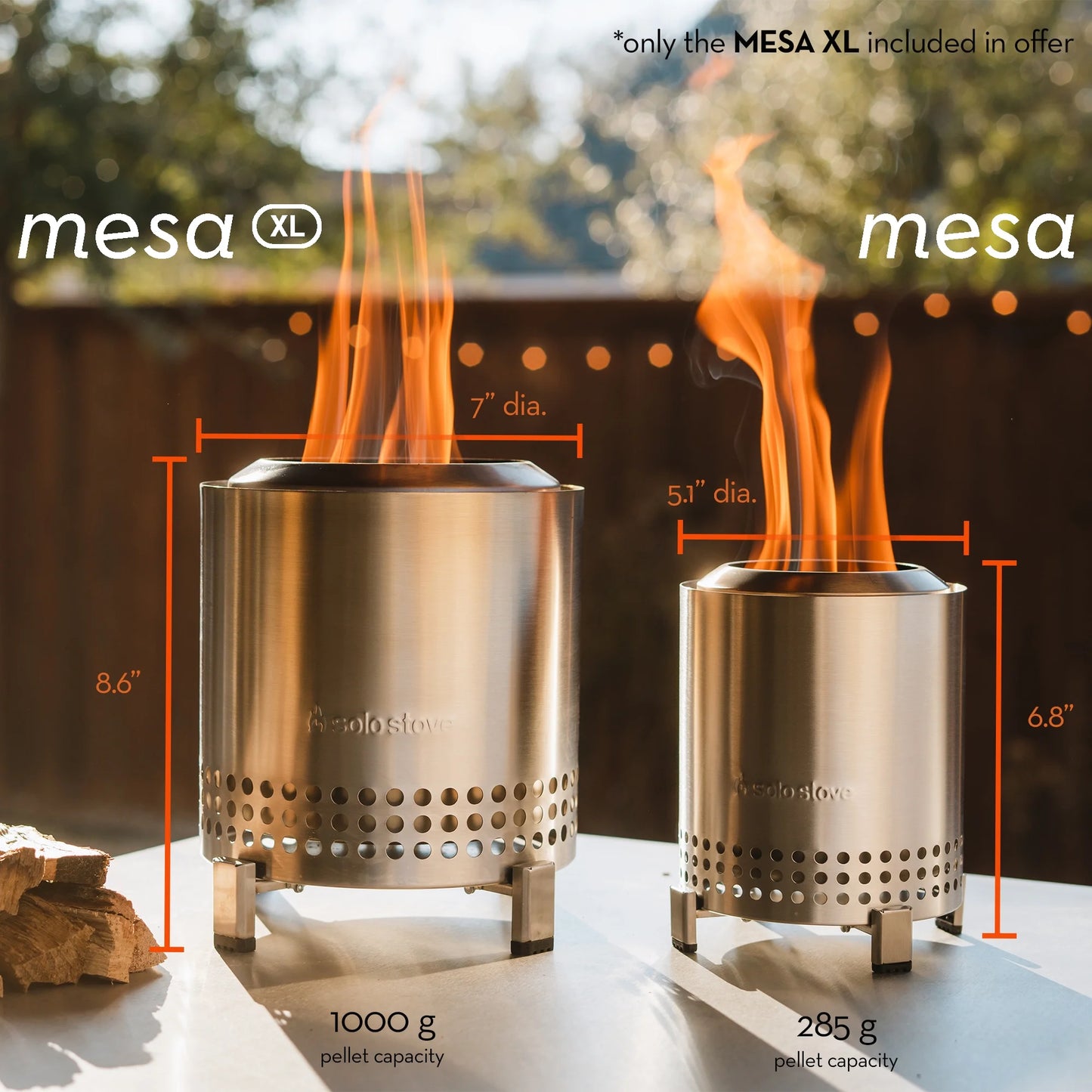 Solo Stove Mesa XL Tabletop Fire Pit with Stand | Low Smoke Outdoor Mini Fire for Urban & Suburbs | Fueled by Pellets or Wood, Stainless Steel, With Travel Bag, H: 8.6" x D: 7", 2.3 lbs, Water