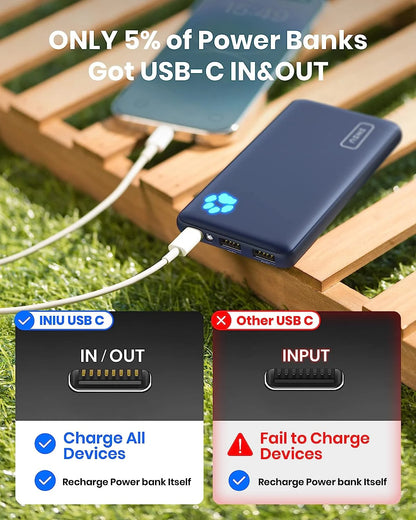 INIU 10000mAh Power Bank, Slimmest 15W Portable Charger,USB C in&Out High-Speed Charging Battery Pack, Compatible with iPhone & Samsung,Blue