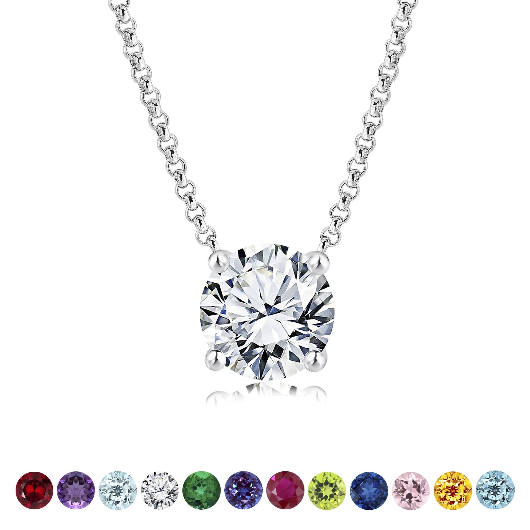 JeenMata Beautiful 1 Carat Round Cut - Moissanite - April Birthstone Solitaire Pendant Necklace in 18K White Gold over Silver, Female, Adult