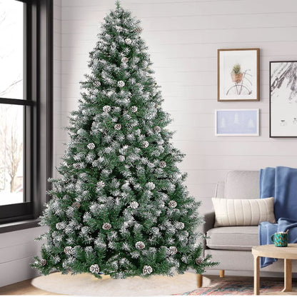 Yexmas 6ft Pre-Lit Realistic Artificial Christmas Trees,Green Christmas Trees with 1200 Flocked Frosted Tips & 80 Pine Cones,LED Lights Christmas Trees with 48 Inch Christmas Tree Skirt White