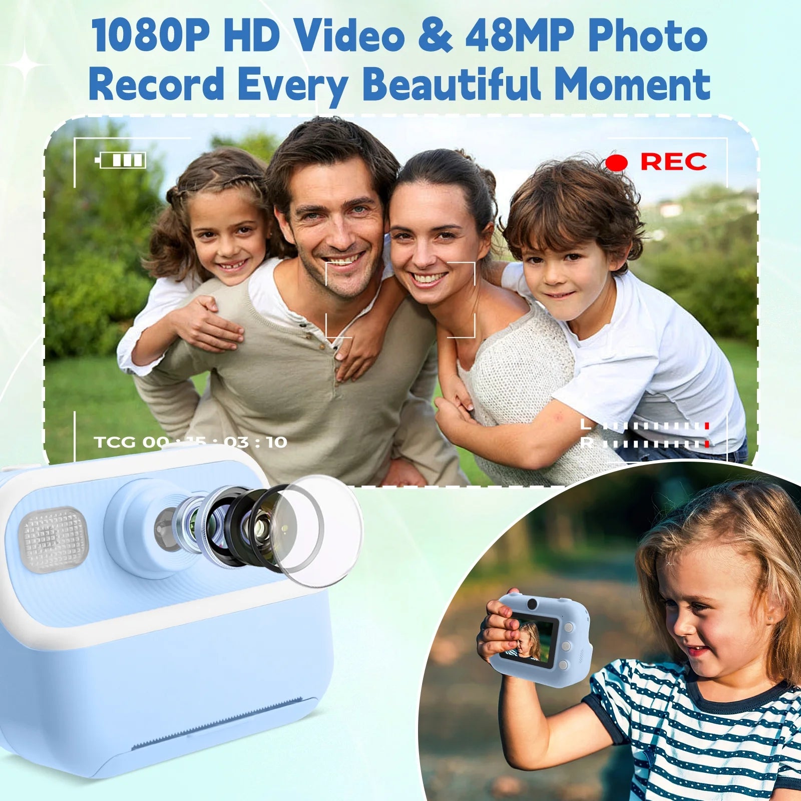 DOMQGA Kids Camera Instant Print,1080P Rechargeable Portable Kids Digital Cameras Christmas Birthday Gifts with 32G SD Card,Blue