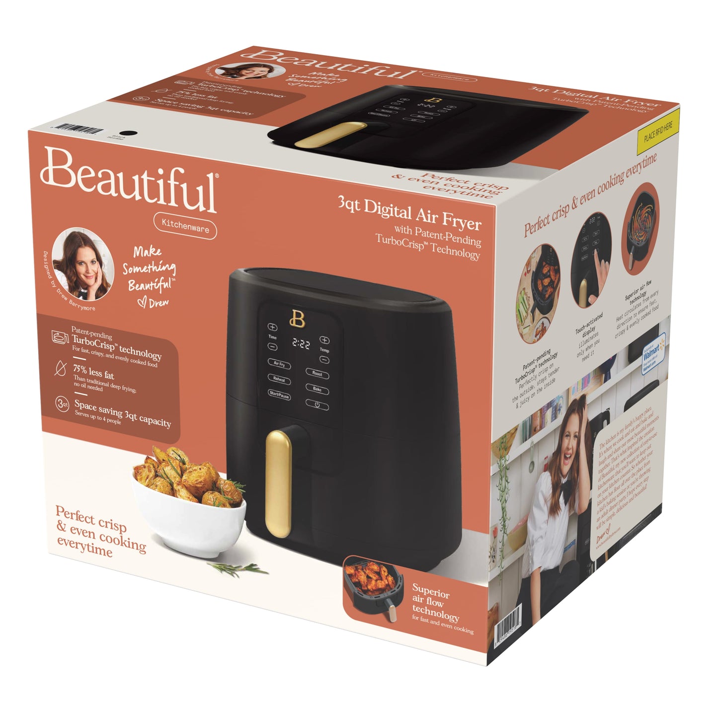 Beautiful 3 Qt Air Fryer with TurboCrisp Technology, Black Sesame by Drew Barrymore