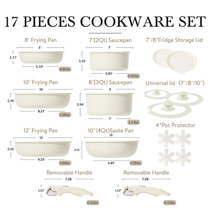 Carote Nonstick Cookware Sets, 17 Pcs Granite Non Stick Pots and Pans Set with Removable Handle