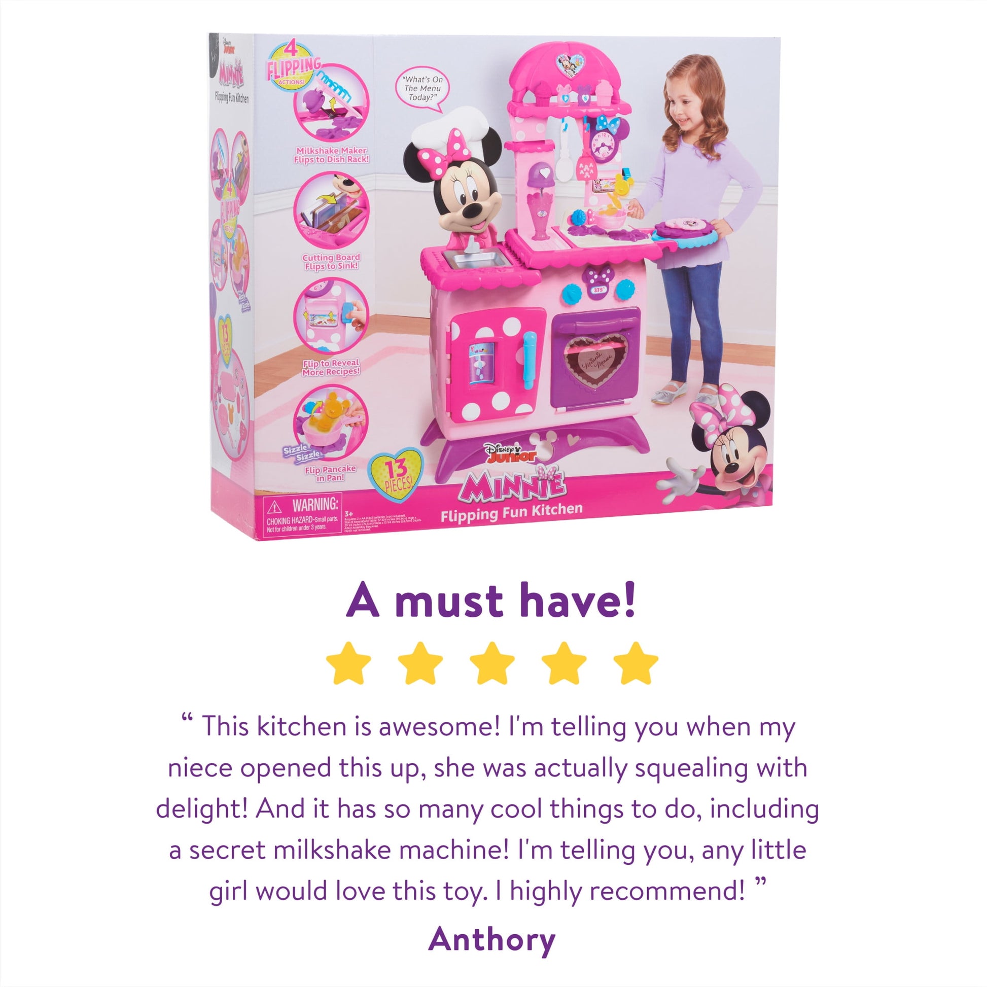 Disney Junior Minnie Mouse Flipping Fun Pretend Play Kitchen Set, Play Food, Realistic Sounds, Kids Toys for Ages 3 up