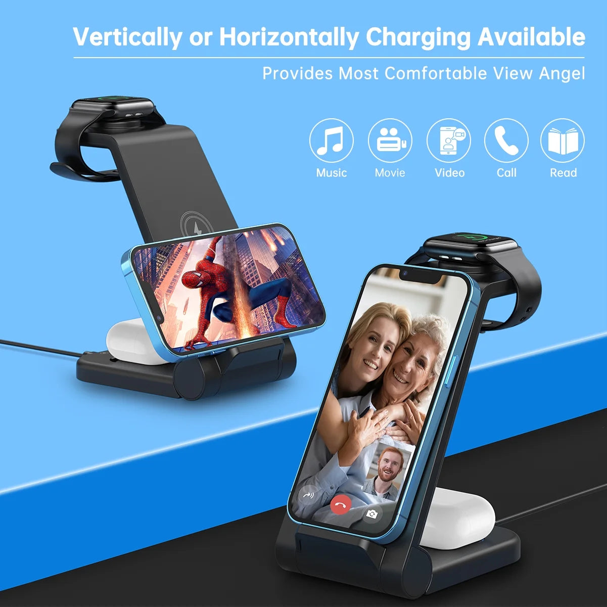 Fast Wireless Charger Station, 23W Wireless Charging Stand for iPhone 16/15/14/13/13 Pro/ 12/12 Pro/11/XS Max/XR/X/Galaxy S23 S22 S21 S10, Charging Station for AirPods 4/3/2/Pro, iWatch Series