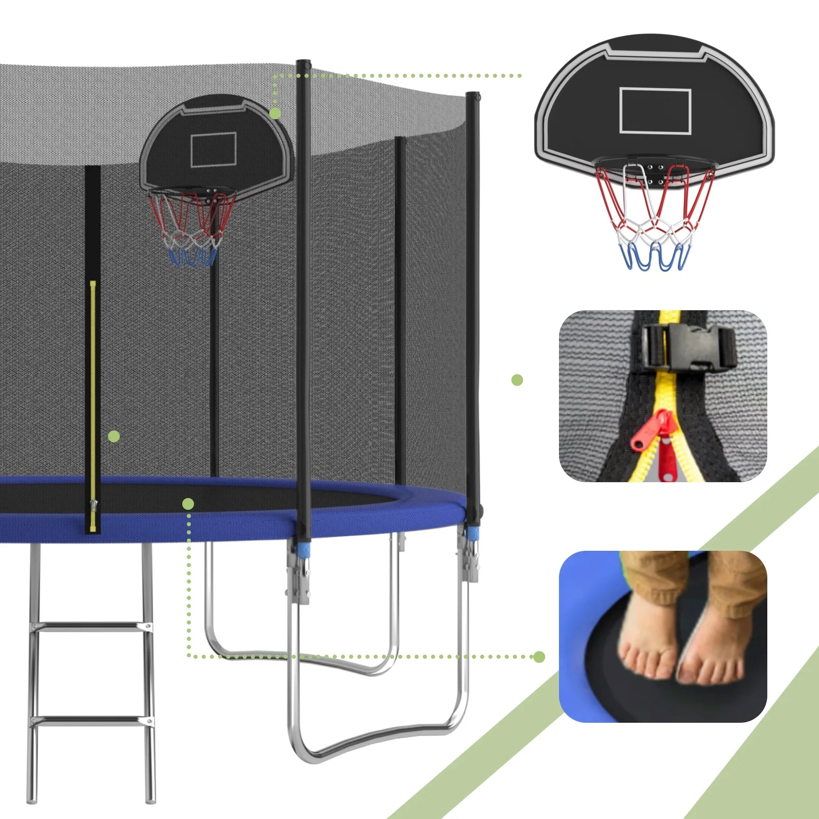 EUROCO 1000LBS 10FT Trampoline for 5-6 Kids Adults,Trampoline with Safety Enclosure Net,Basketball Hoop and Ladder, Easy Assembly Round Outdoor Recreational Trampoline