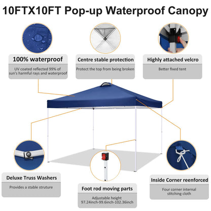 HOTEEL Canopy 10x10 Waterproof Pop up Canopy Tent with 4 Sidewalls Outdoor Event Shelter Tent for Parties Sun Shade Party Commercial Canopy with Air Vent & Carry Bag, Dark Blue