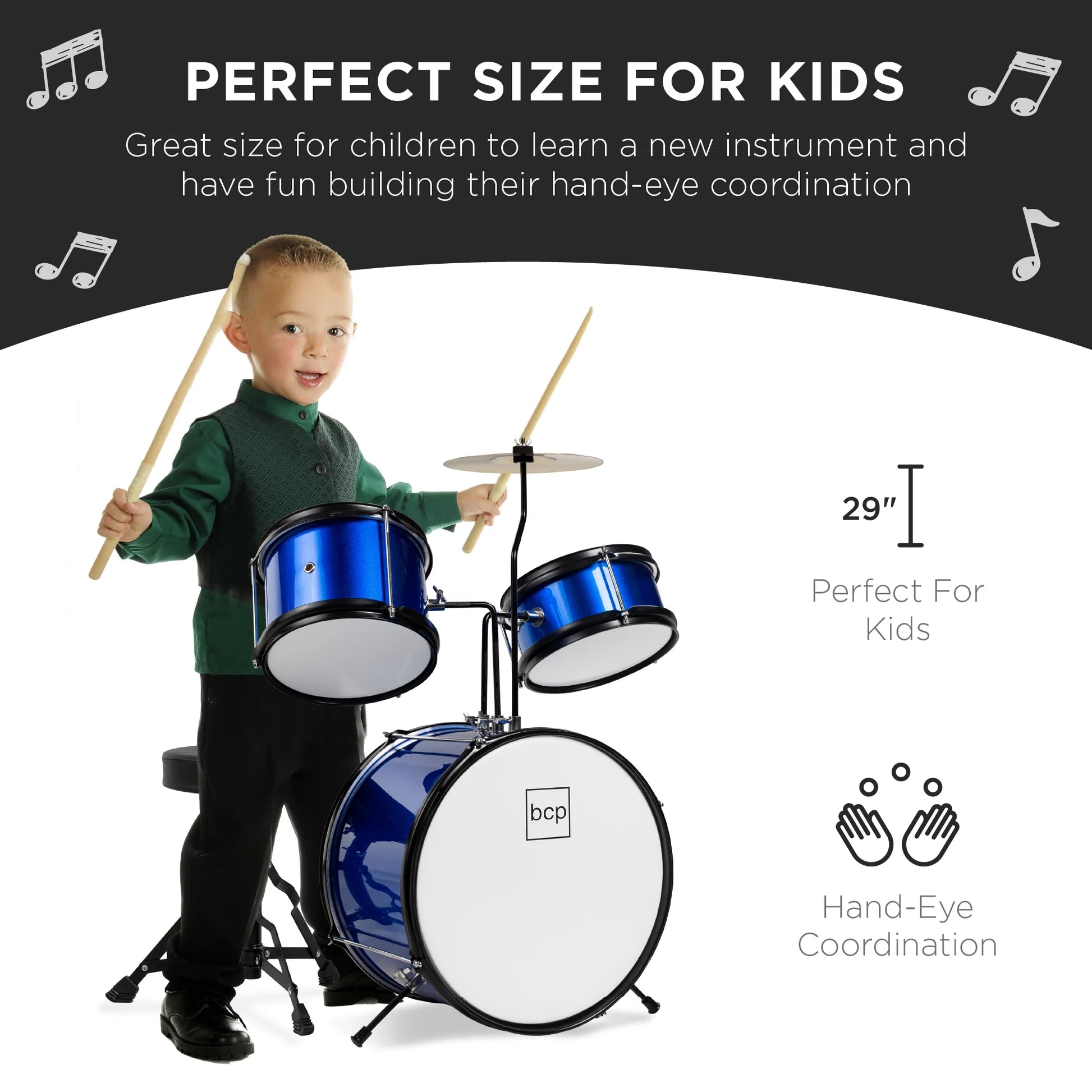 Best Choice Products Kids Beginner 3-Piece Drum, Musical Instrument Set w/ Sticks, Cushioned Stool, Drum Pedal - Blue