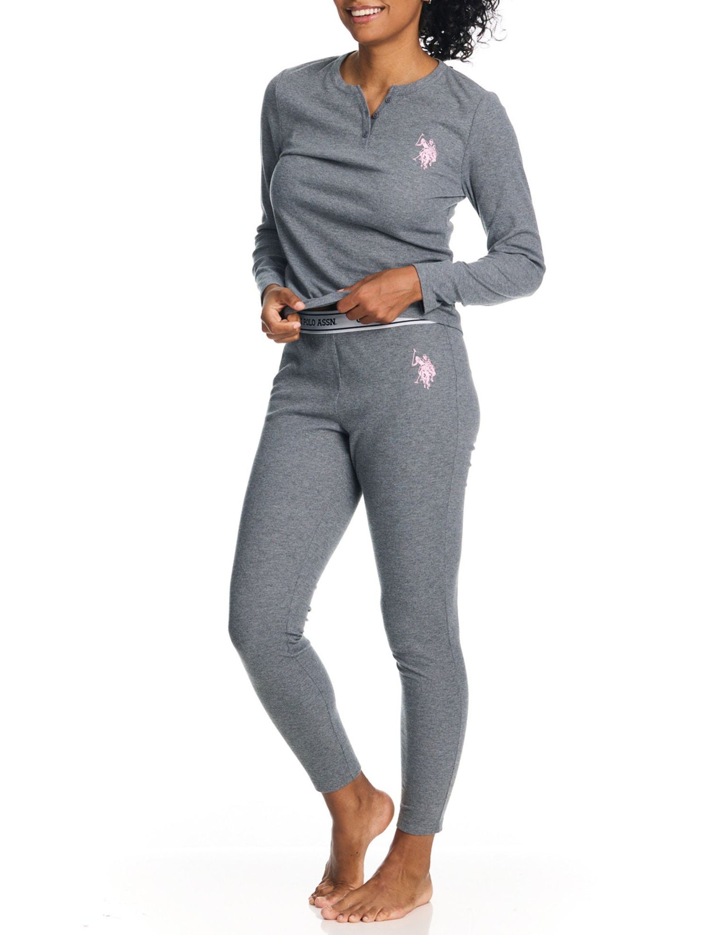 U.S. Polo Assn. Women's Ribbed Henley Long Underwear Thermal Set, 2-Piece Set, Sizes S-3X