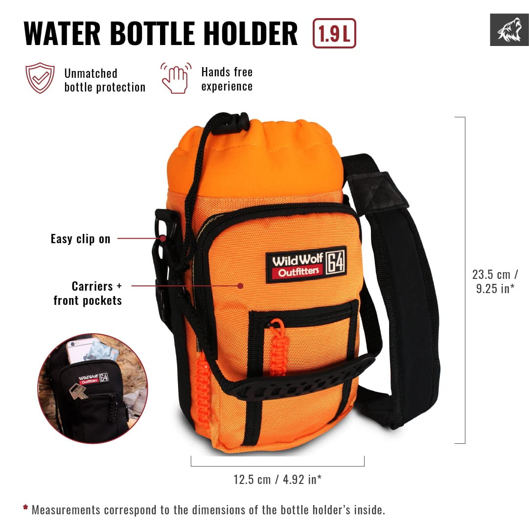 Wild Wolf Outfitters 64oz Bottle Holder Orange - Insulated Carrier w/ 2 Pockets & Adjustable Strap