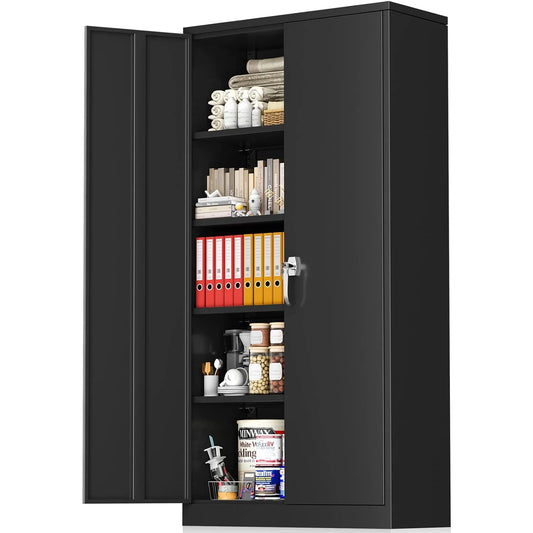 SOLAURA 71" Metal Garage Storage Cabinet with Locking Doors and Adjustable Shelves for Home, Office(Black)