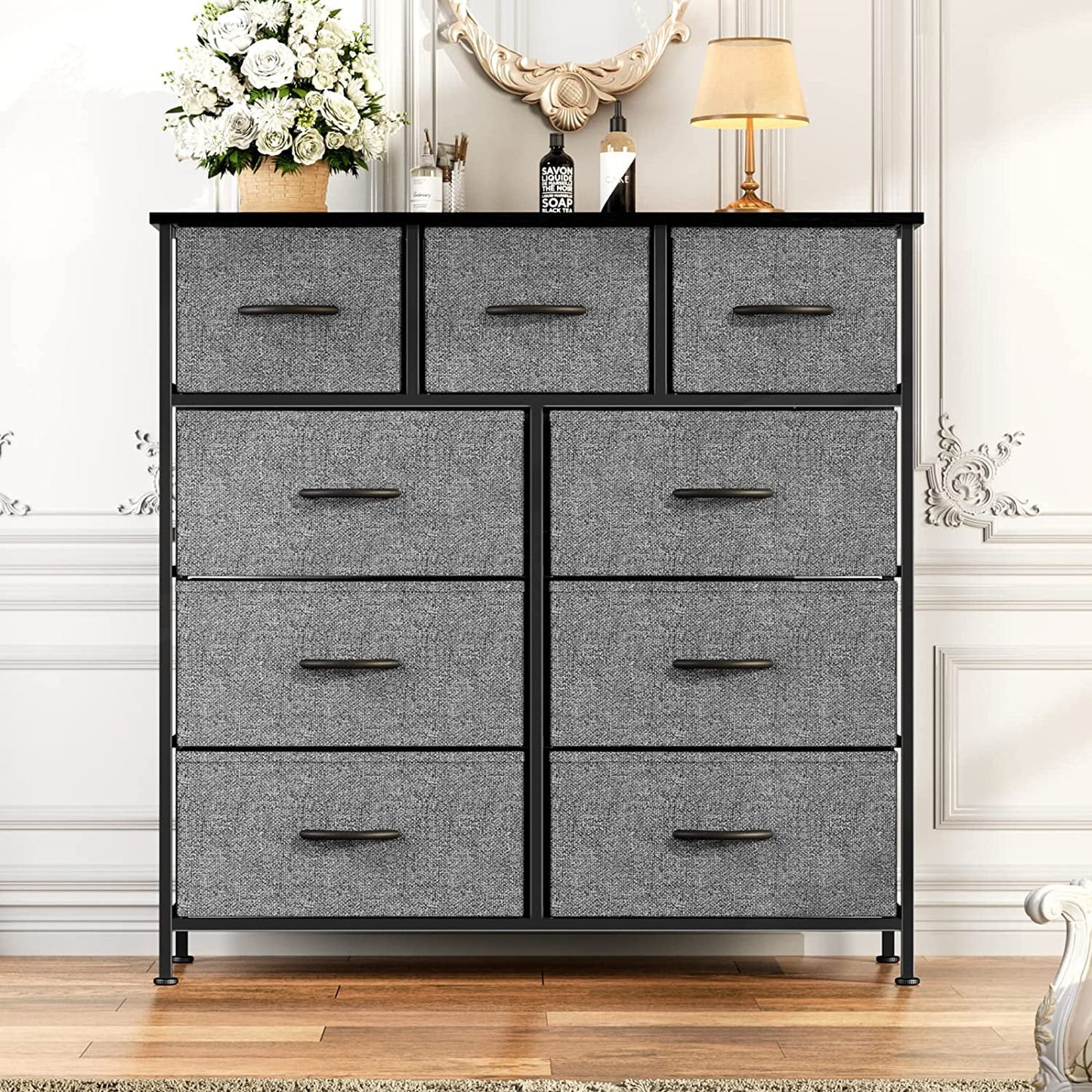 Yangming 9 Drawer Fabric Dresser for Bedroom, Chest of Drawer Organizer Storage Cabinet for Closet, Entryway, Grey