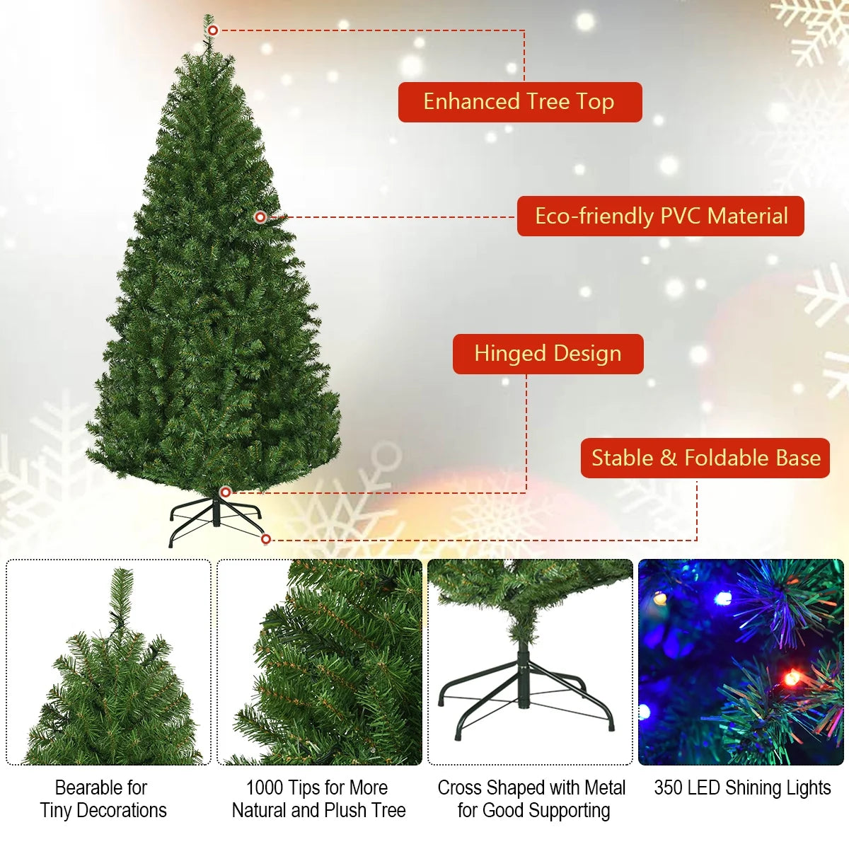 Costway 6Ft Pre-Lit Artificial Christmas Tree Hinged 350 LED Lights