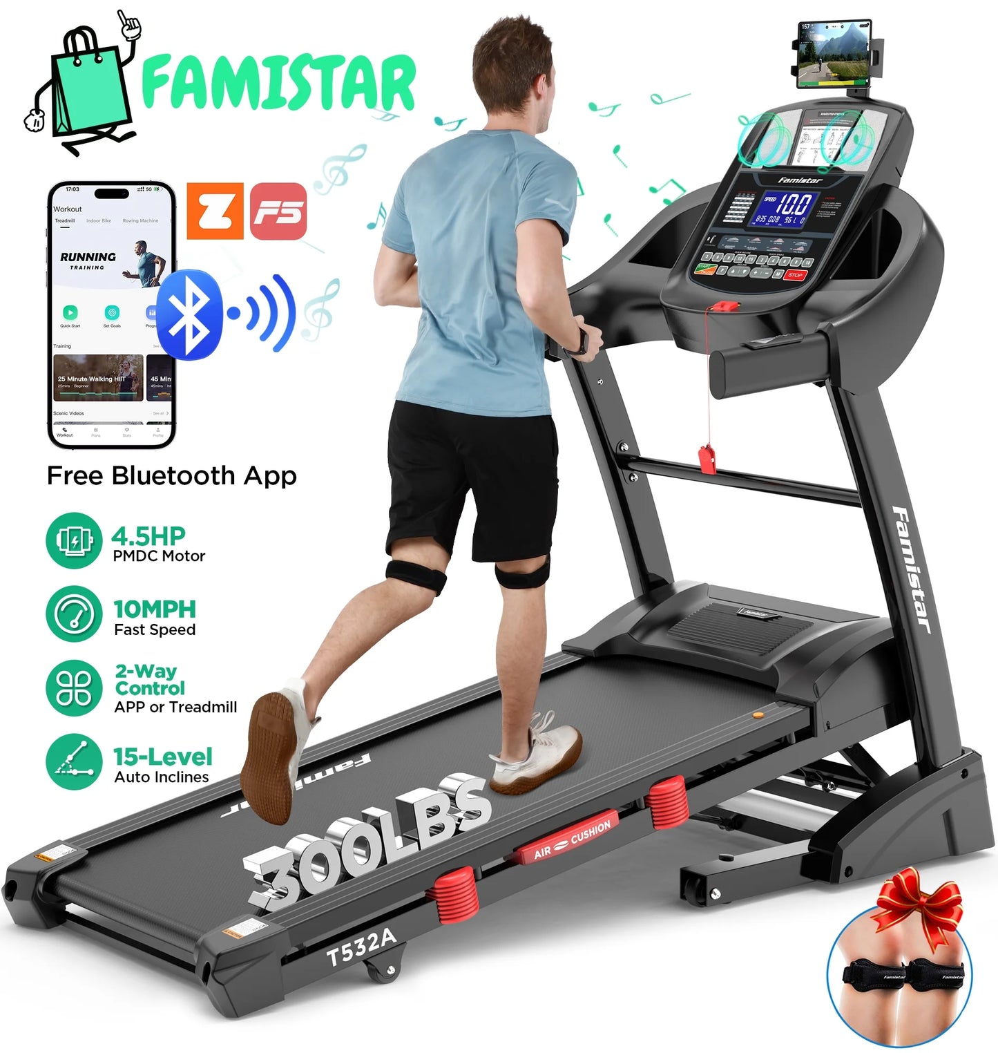 Famistar Folding Treadmill for Home with 15 Levels Auto Incline, 300LB Capacity, 10MPH Fast Speed Controls, Portable Treadmill Running Walking Machine, 4.5HP, Knee Strap Gift