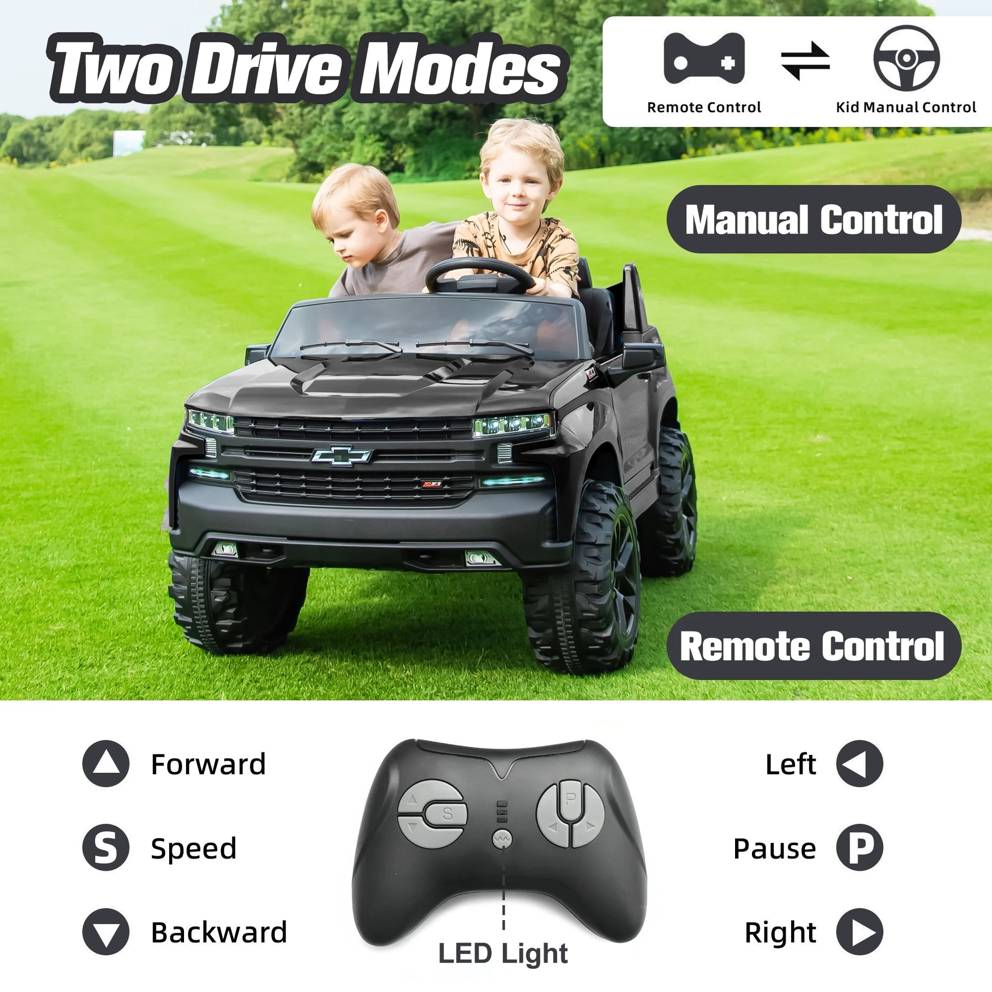 Chevrolet Silverado 24V Powered Ride on Cars for Kids, Extra large Real 2 Seat Ride on Toys with Remote Control, LED Light, MP3 Player, Electric Vehicles Ride on Truck for Boys Girls Gifts, Black